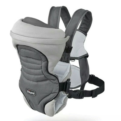 Gray and white baby carrier with padded straps and a front pocket, designed for comfort and support. It features adjustable buckles and a sleek design suitable for carrying infants.