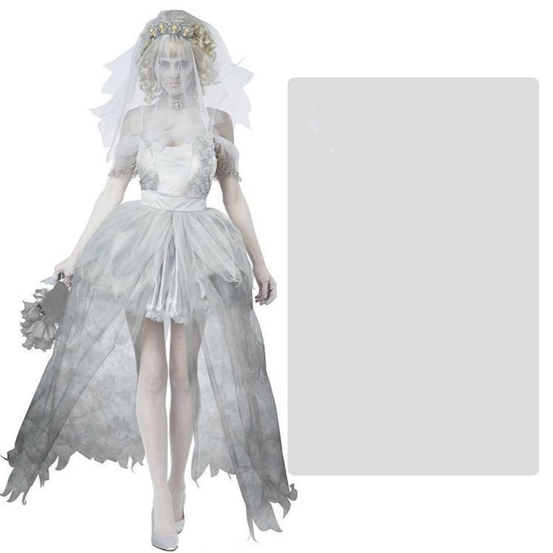 A woman in a ghostly bridal costume with a tattered gray dress, veil, and flower crown. She holds a gray bouquet, embodying a haunting, ethereal appearance.