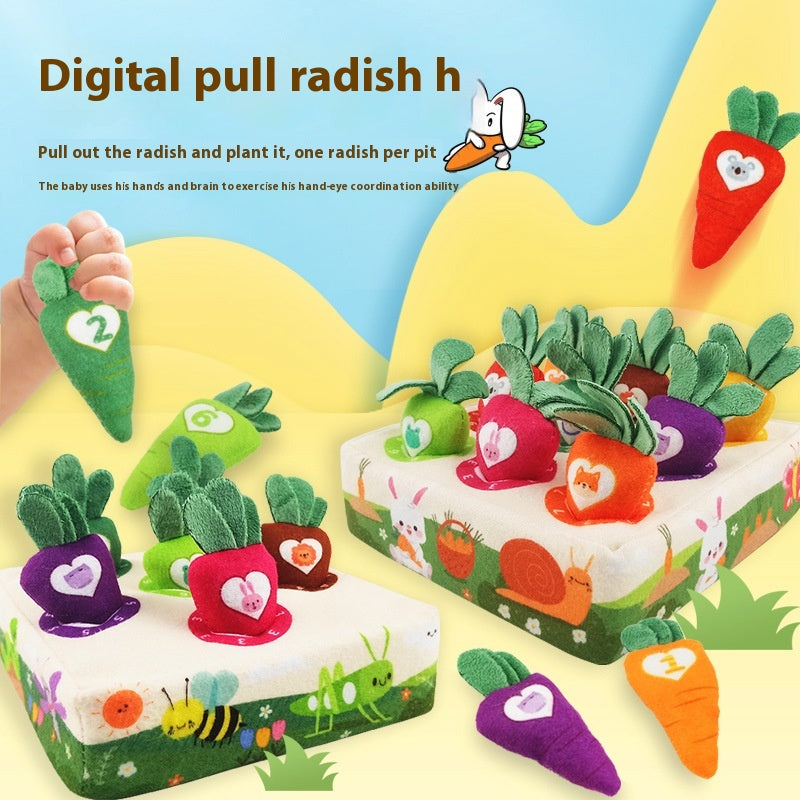 Colorful plush radishes with numbers and animals in a foam garden toy. A hand pulls out a green radish labeled "2." Box features animals and promotes coordination skills.