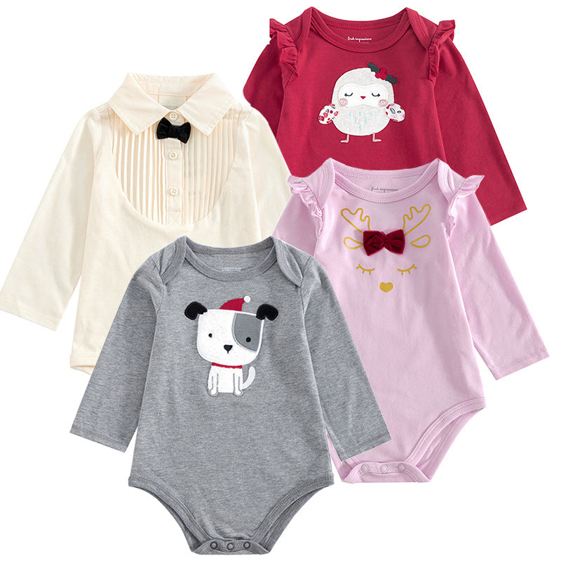Four baby onesies with different designs: a cream tuxedo style, a red with a festive animal, a pink with a deer print, and a gray with a dog in a Santa hat.