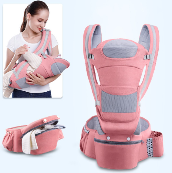 Pink baby carrier with ergonomic design and pockets shown in detail. Inset image of a woman using the carrier with a baby.