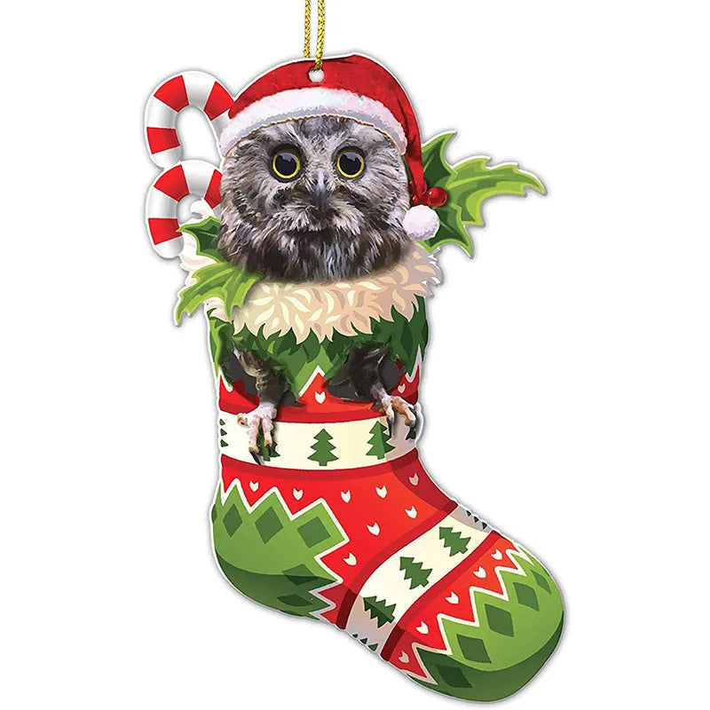 A cute owl wearing a Santa hat in a Christmas stocking adorned with green holly leaves and red-white candy canes, decorated with festive patterns.