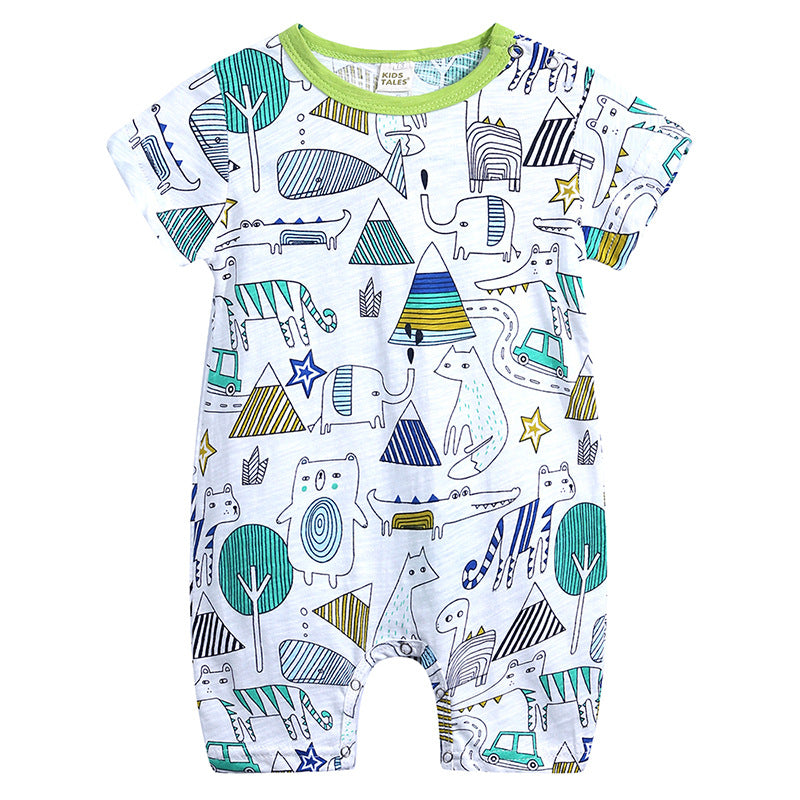 Baby romper with colorful doodles of animals, trees, and abstract shapes in blue, green, and yellow on a white background. Features short sleeves and snap closures.