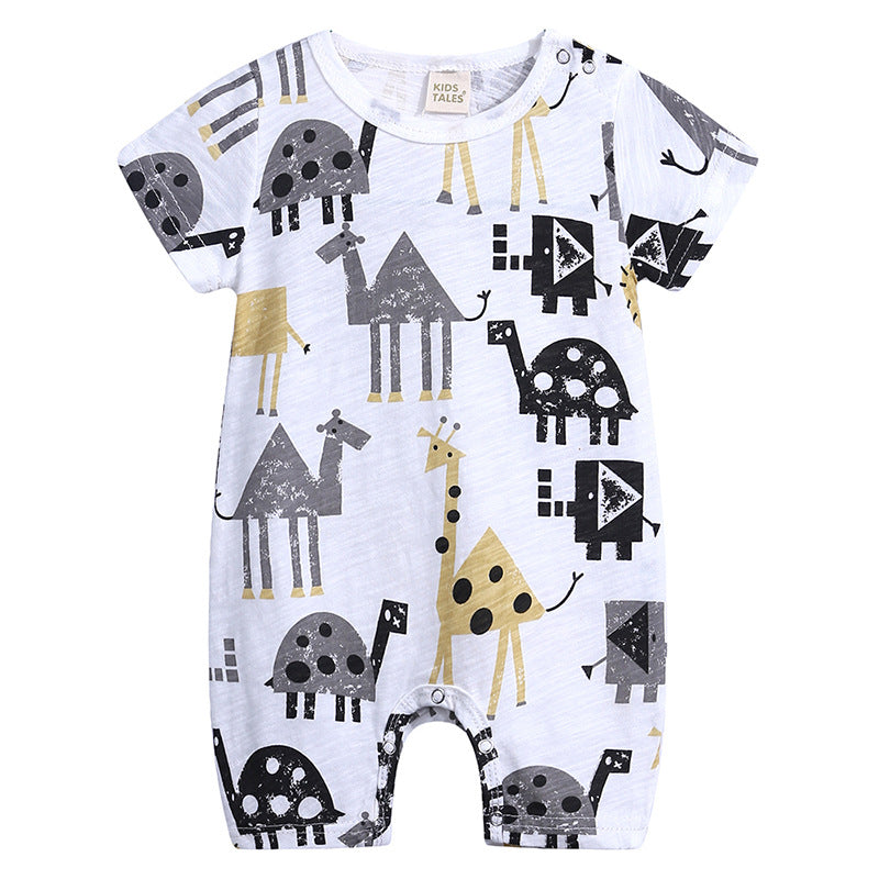 White baby romper featuring playful black and gold geometric animal prints, including giraffes and elephants, with short sleeves and snap closures at the shoulder and crotch.