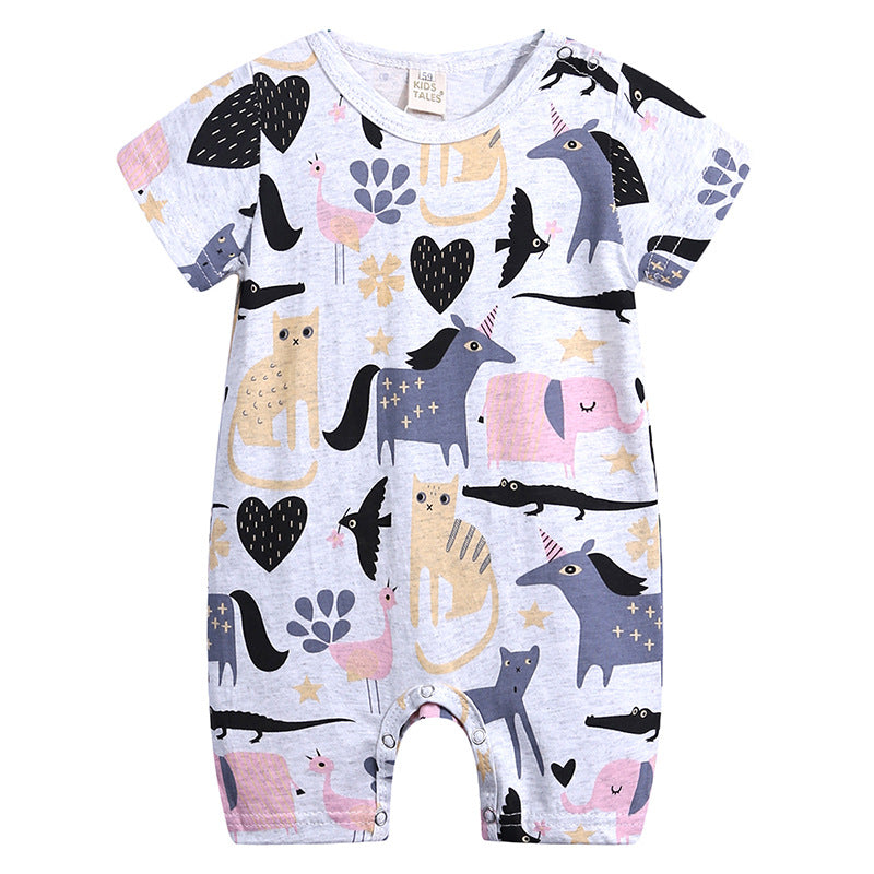 Gray baby romper with playful animal and heart designs, featuring unicorns, cats, birds, and elephants in pastel colors. Short sleeves and round neck, made by Kids Tales.