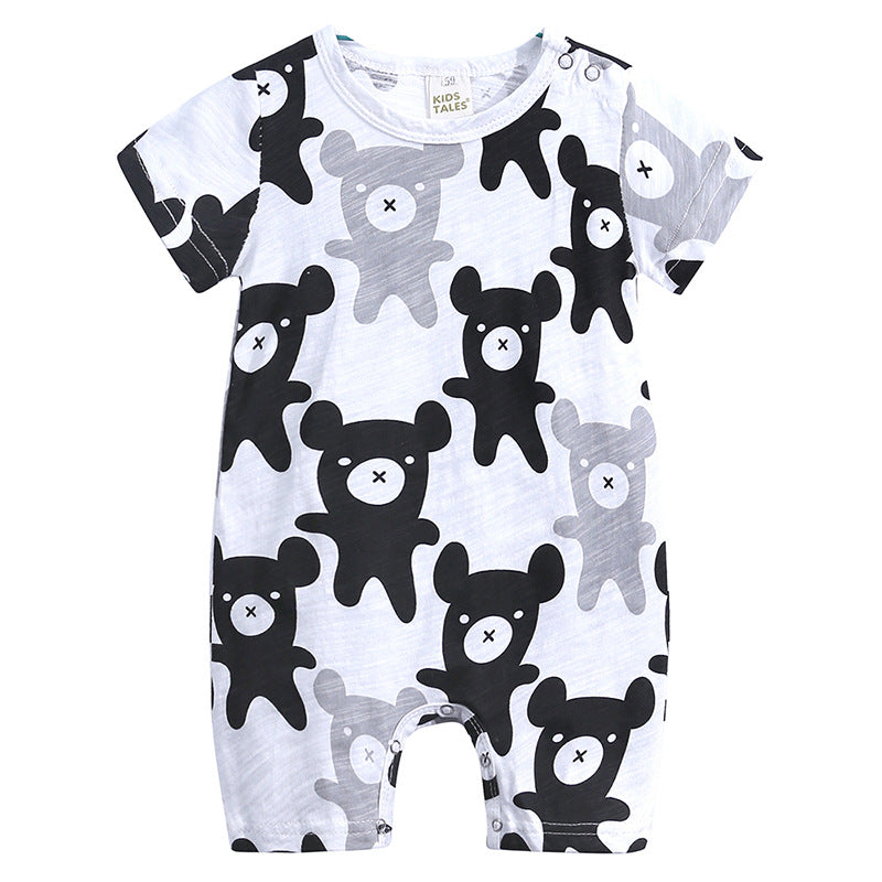 White baby romper with a black and gray bear pattern, featuring short sleeves and snap closures on one shoulder and crotch.