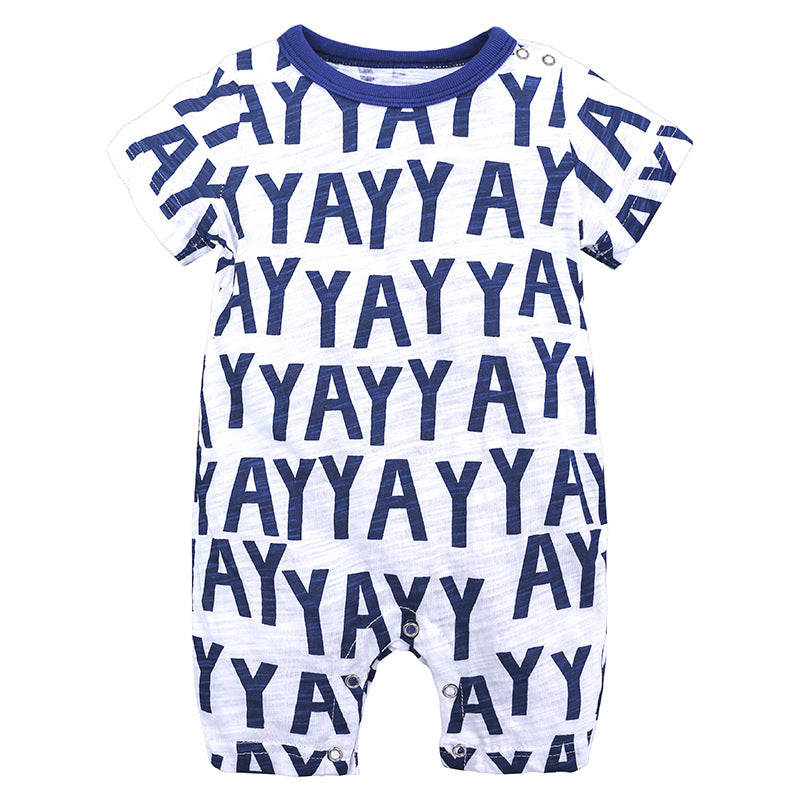 White baby romper with short sleeves, featuring the word "YAY" in bold navy letters repeated across the fabric. Navy trim around the neck and snap closures at the bottom.