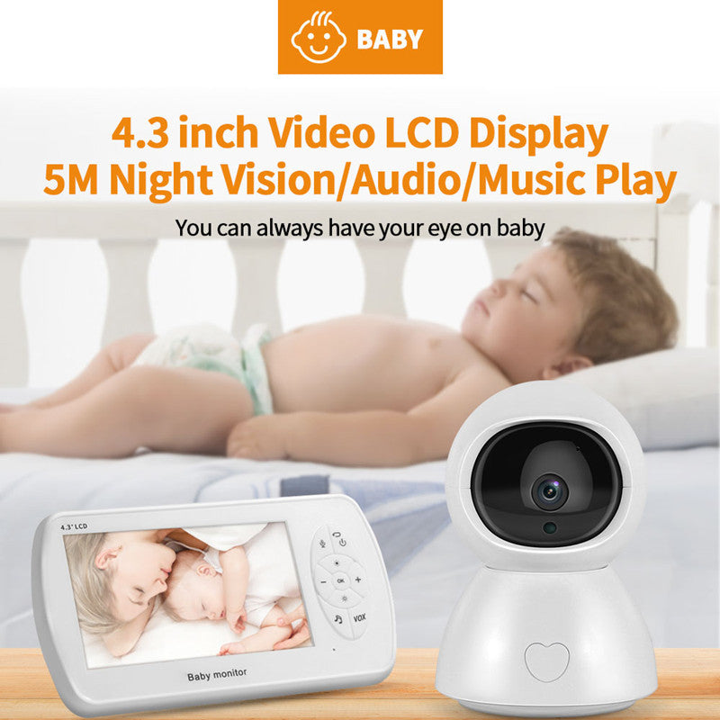 Baby monitor advertisement showing a camera and a 4.3-inch video LCD display, featuring night vision and audio. A sleeping baby lies in the background on a bed.