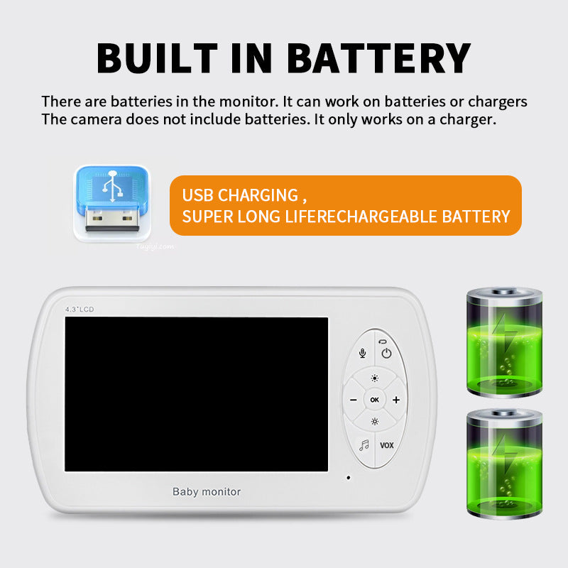 Baby monitor with built-in battery, USB charging, and long-lasting rechargeable battery. Features a 4.3” LCD screen and buttons for navigation. Includes battery icons.