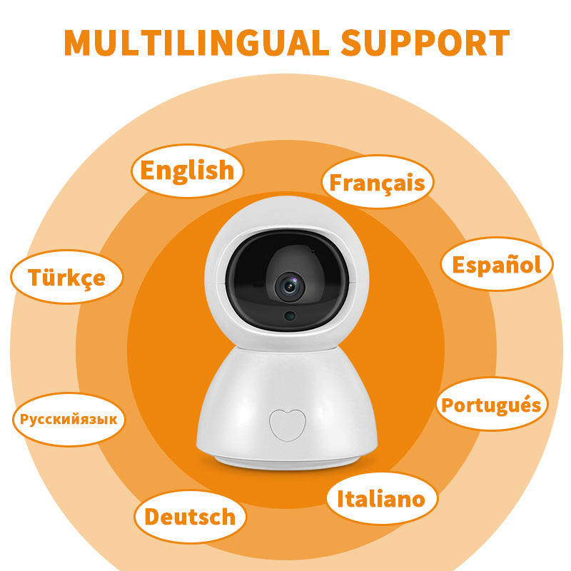 Cute, white robot with a heart icon offers multilingual support in English, Français, Español, Português, Italiano, Deutsch, Türkçe, and Русский язык against an orange background.
