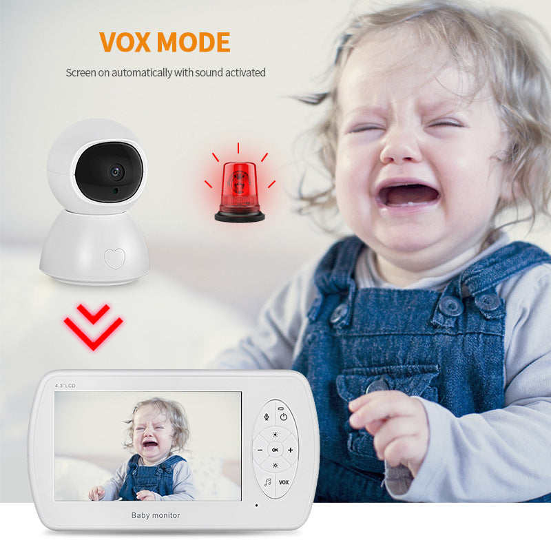 A baby monitor system showcases VOX mode with sound activation, featuring a crying child on screen. A camera and alert symbol indicate automatic monitoring function.
