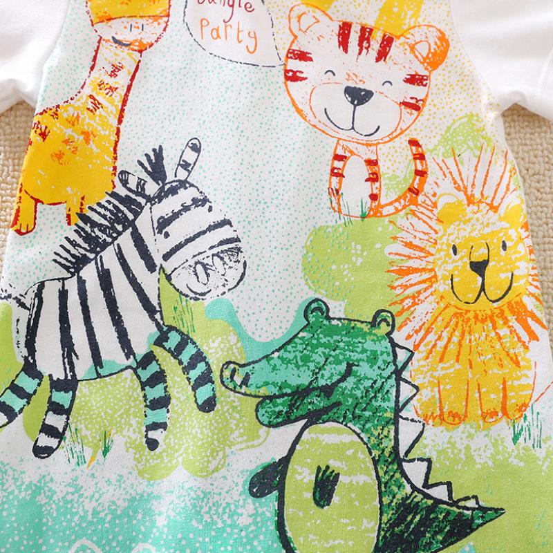Colorful cartoon animals, including a giraffe, zebra, tiger, lion, and crocodile, are playfully arranged on fabric with the words "Jungle Party" above them.