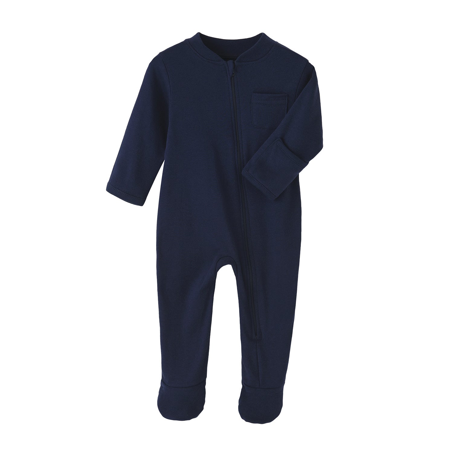 Navy blue baby onesie with long sleeves and footed legs, featuring a front zipper and small chest pocket against a white background.