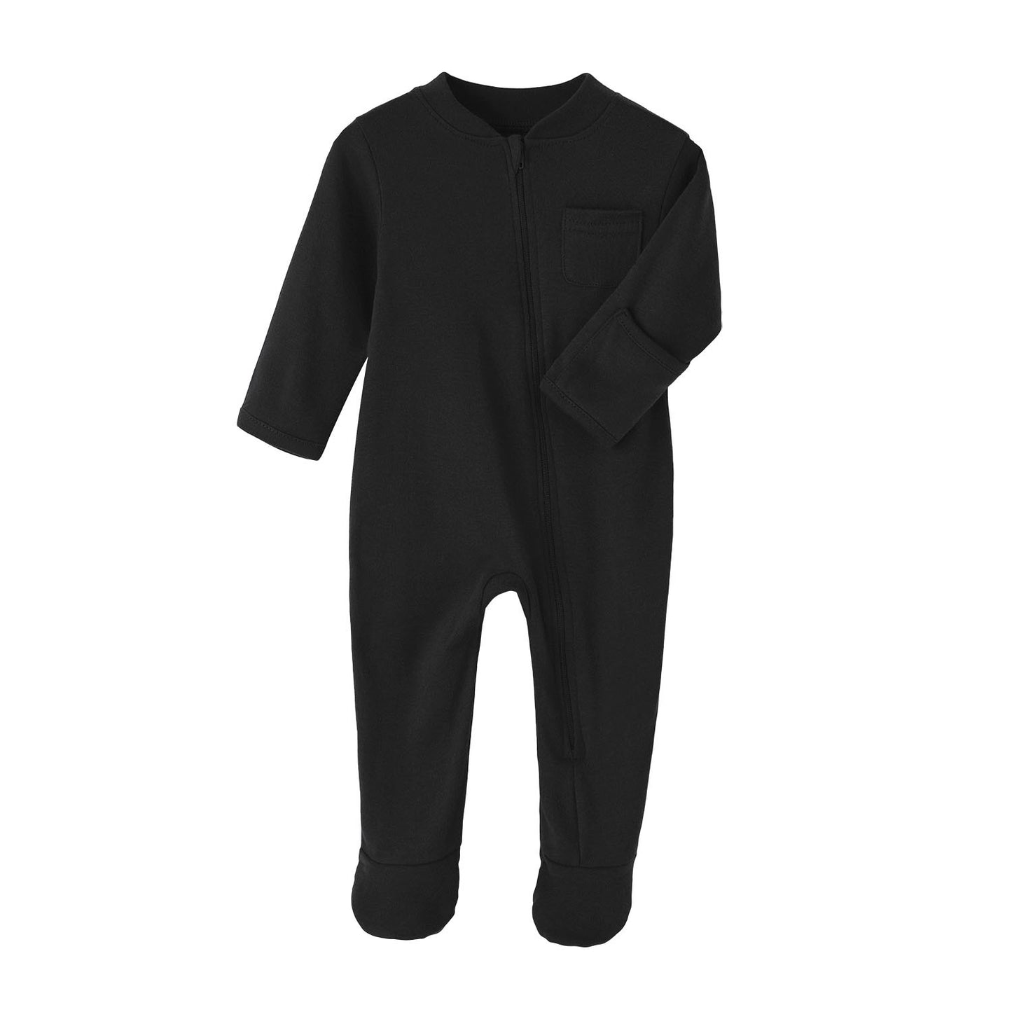 Black baby onesie with long sleeves and a zipper down the front, featuring a chest pocket and enclosed feet, displayed on a white background.
