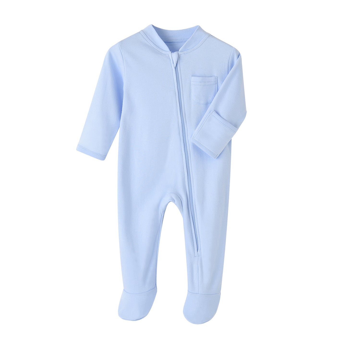 Light blue baby romper with long sleeves and footed design, featuring a front zipper and a small chest pocket.