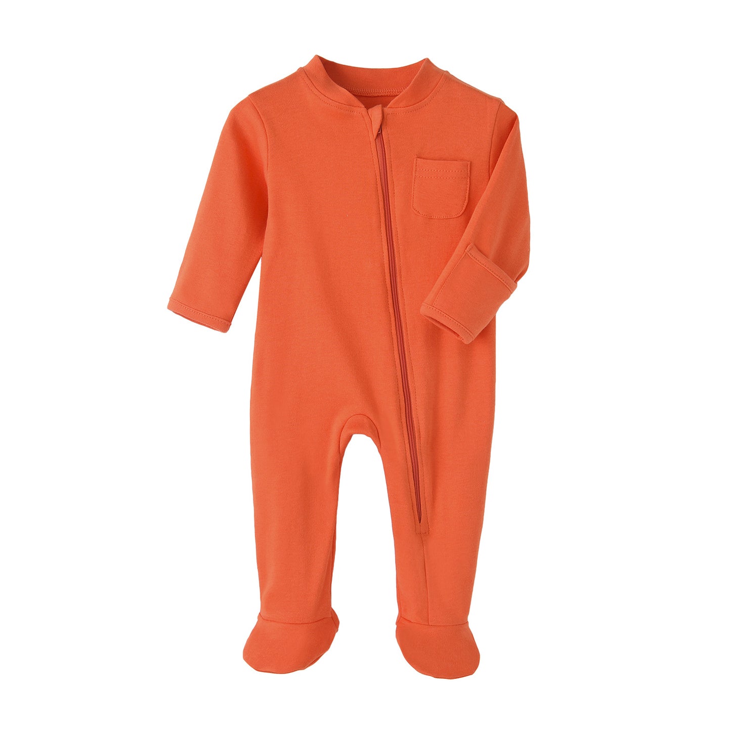 Orange, long-sleeved infant romper with front zipper, small chest pocket, and footed design.