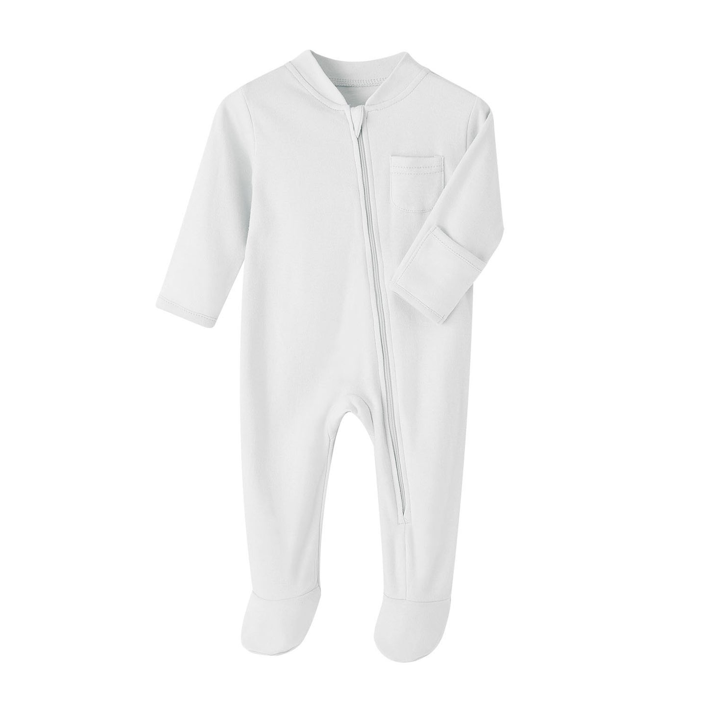 White baby onesie with long sleeves and footies, featuring a front zipper and a small pocket on the chest. The design is simple and unadorned, suitable for infants.