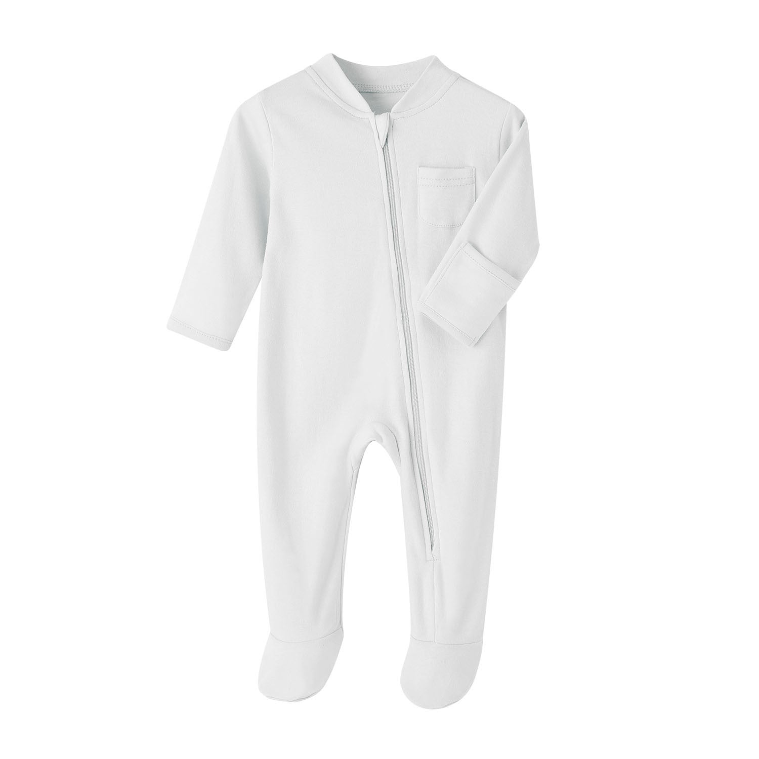 White baby onesie with long sleeves and footies, featuring a front zipper and a small pocket on the chest. The design is simple and unadorned, suitable for infants.