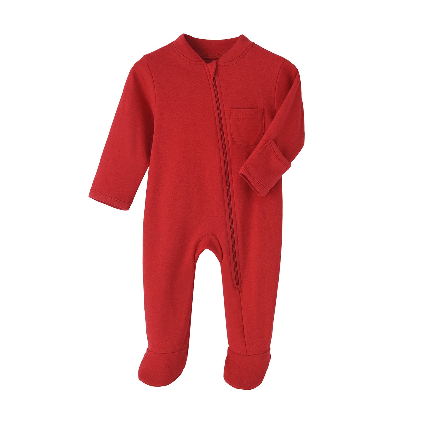 Red baby onesie with long sleeves, a front zipper, and a small chest pocket. The outfit includes attached feet and is laid flat against a white background.