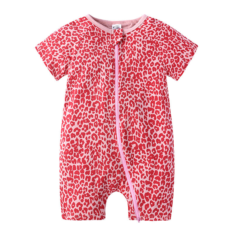Pink baby romper with a red leopard print pattern, featuring short sleeves and a front zipper.