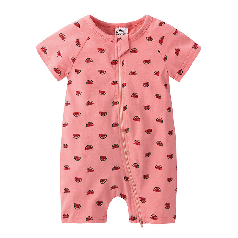 Pink baby romper with watermelon print, featuring short sleeves and a front zipper for easy access.