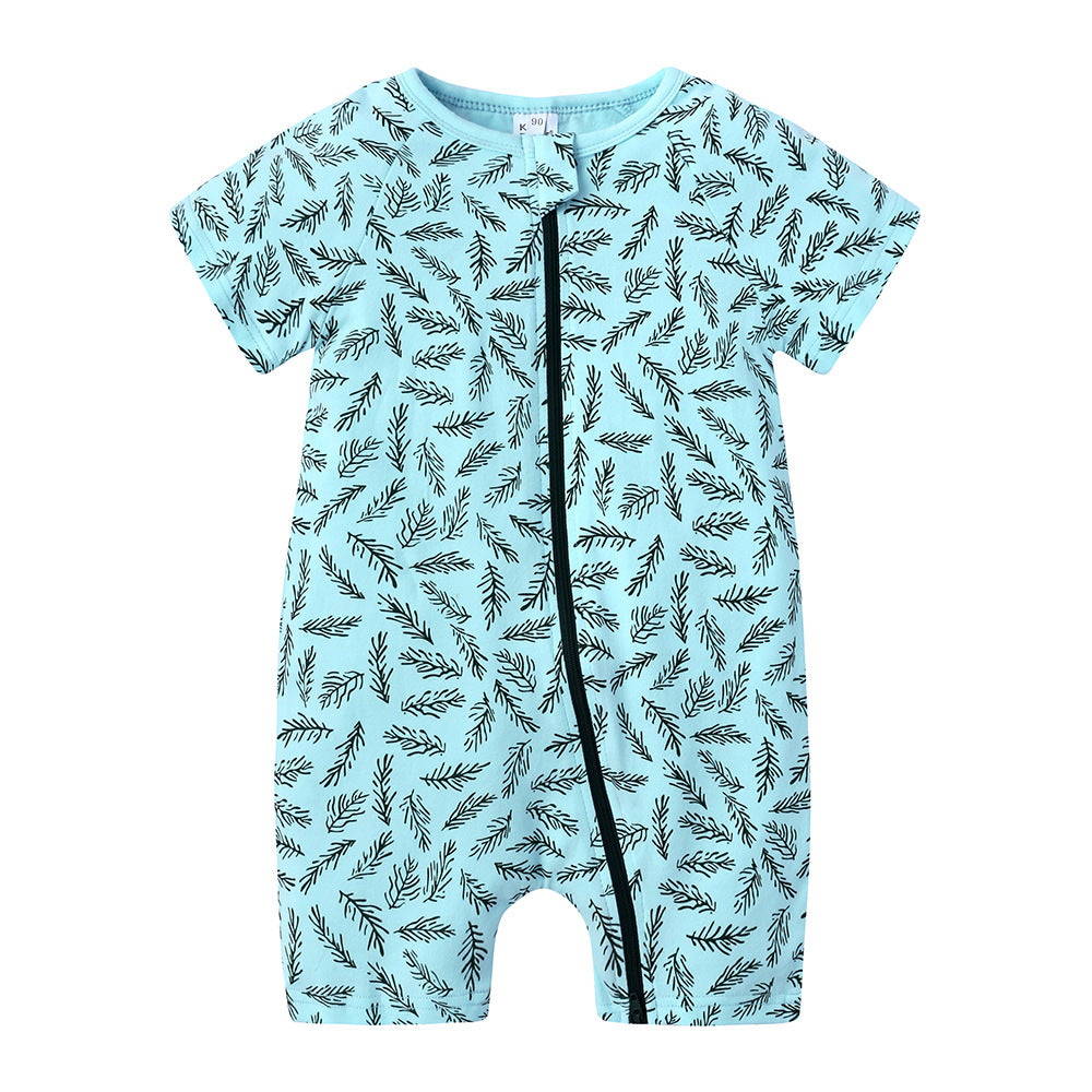 Light blue baby romper with black fern leaf pattern and black front zipper. Short sleeves and short legs.