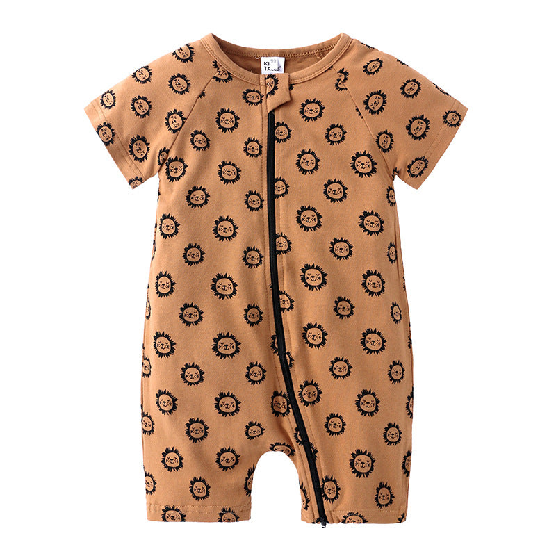 Brown short-sleeve baby romper with a playful lion face pattern and a front zipper for easy wear. Ideal for comfortable and stylish infant fashion.