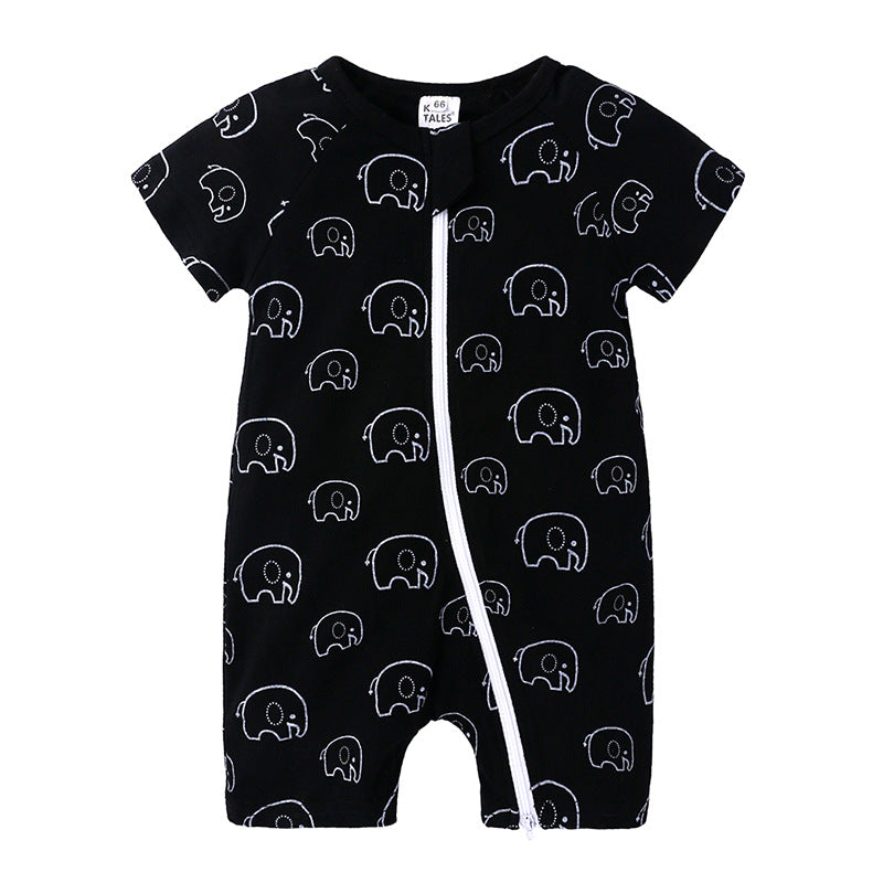 A black baby romper with short sleeves and a front zipper, featuring a white outline pattern of elephants.