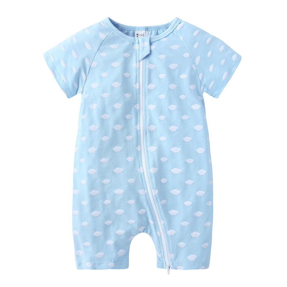 Light blue baby romper with white polka dot pattern, featuring a front zipper and short sleeves.