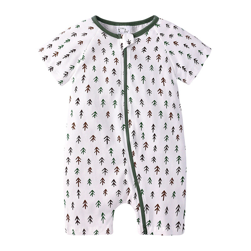 White baby romper with green trim, featuring a pattern of small brown and green tree-like arrows, and a central front zipper closure.