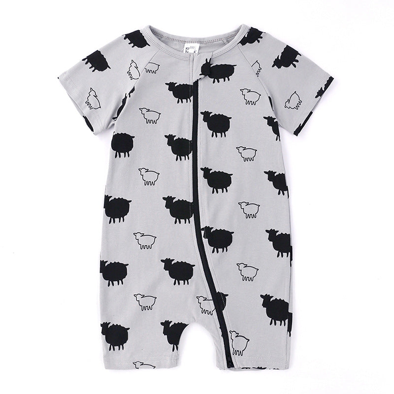 Gray baby romper with short sleeves featuring a pattern of black and white sheep. The romper has a front zipper for easy access.
