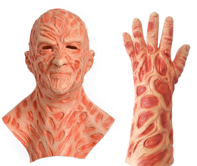 Realistic rubber mask and glove set featuring a burned, fleshy texture with exaggerated red and peach-toned details. The mask has hollow eyes and extends to the shoulders.