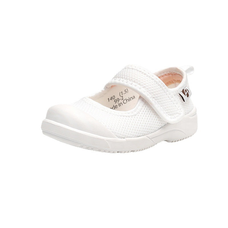 White children's shoe with a breathable mesh upper, Velcro strap, and reinforced toe cap. Lightweight and comfortable design, made in China, shown on a plain white background.