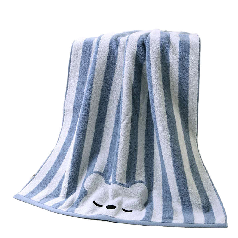 Soft towel with blue and white stripes, featuring a cute bear face with closed eyes at the bottom.