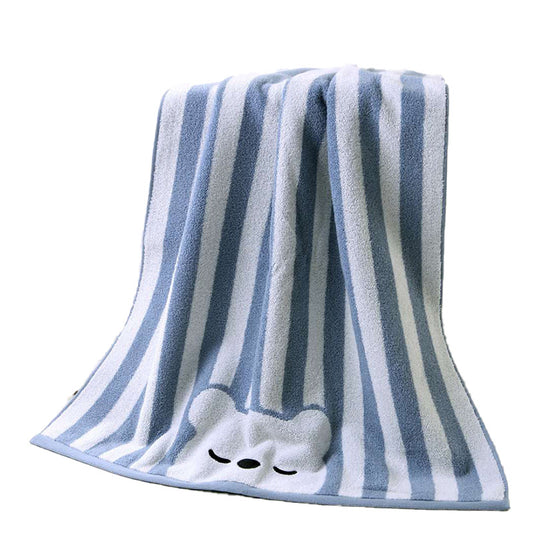 Soft towel with blue and white stripes, featuring a cute bear face with closed eyes at the bottom.