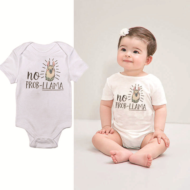 A baby wearing a white onesie with a llama illustration and the text "No Prob-Llama." The same onesie is displayed separately on the left on a plain background.