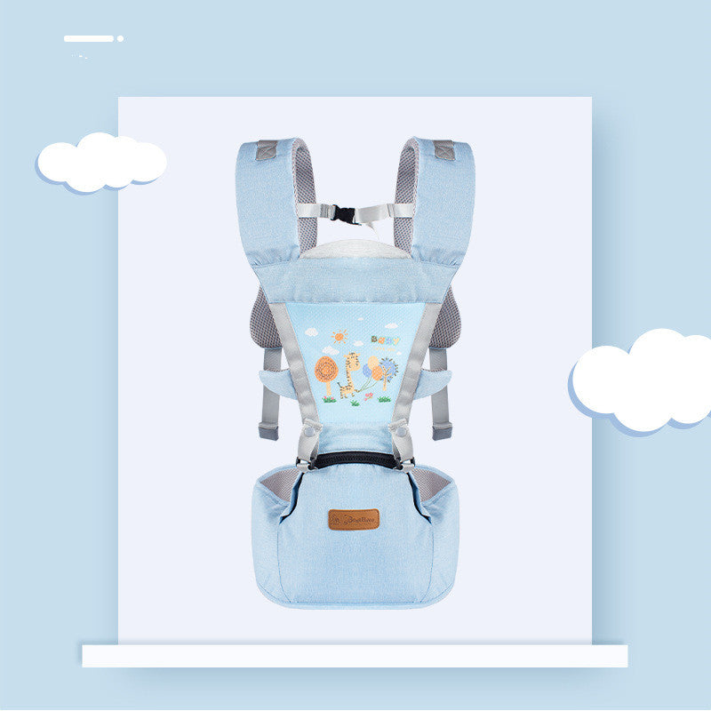 Light blue baby carrier with adjustable straps, featuring animal and tree designs. The carrier is set against a pastel sky background with white clouds.