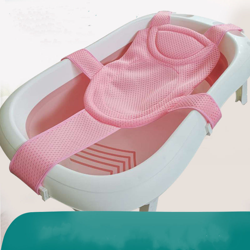 White baby bathtub with an attached pink mesh sling seat for newborns, designed for safe and comfortable bathing.