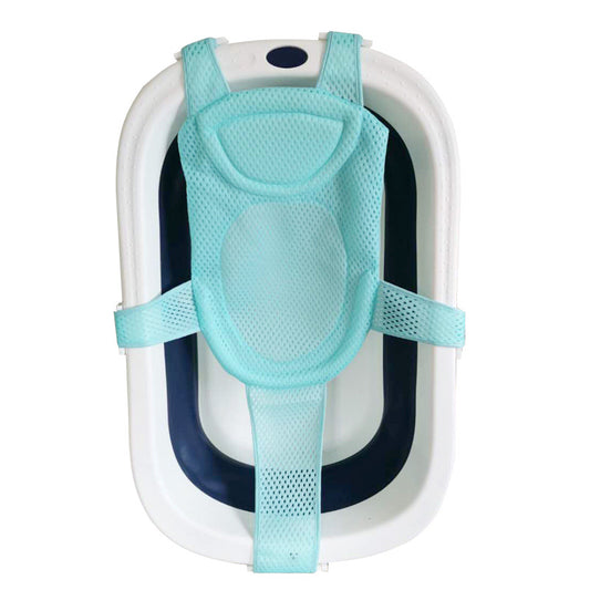 A white and blue baby bathtub with an attached light blue mesh sling for infant support, designed for safe and comfortable bathing, is shown over a plain white background.