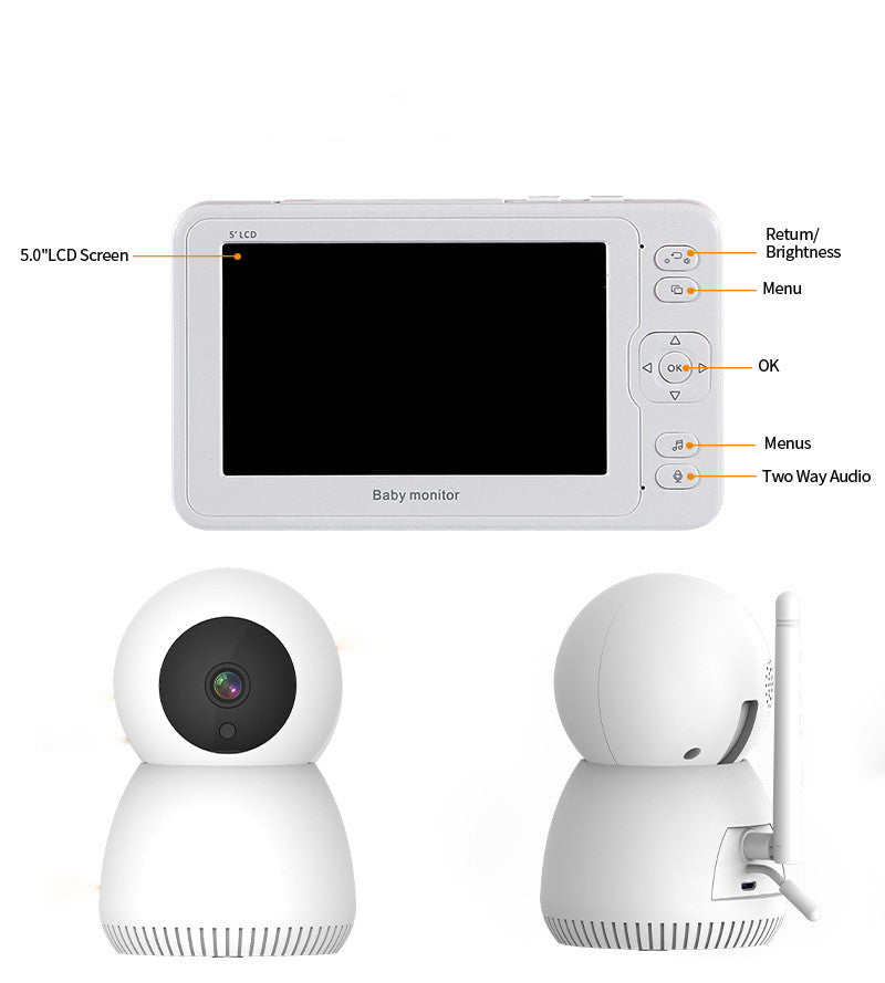 A baby monitor set with a 5-inch LCD screen and labeled buttons: Return/Brightness, Menu, OK, Menus, Two-Way Audio. Includes front and back views of a round camera unit.