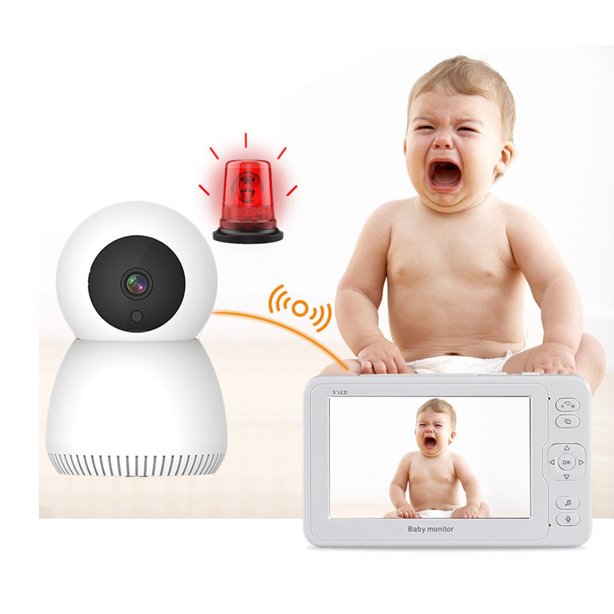 Baby crying next to a wireless camera and handheld monitor displaying the baby. A red alert icon emphasizes the monitoring feature. The setup is on a light background.