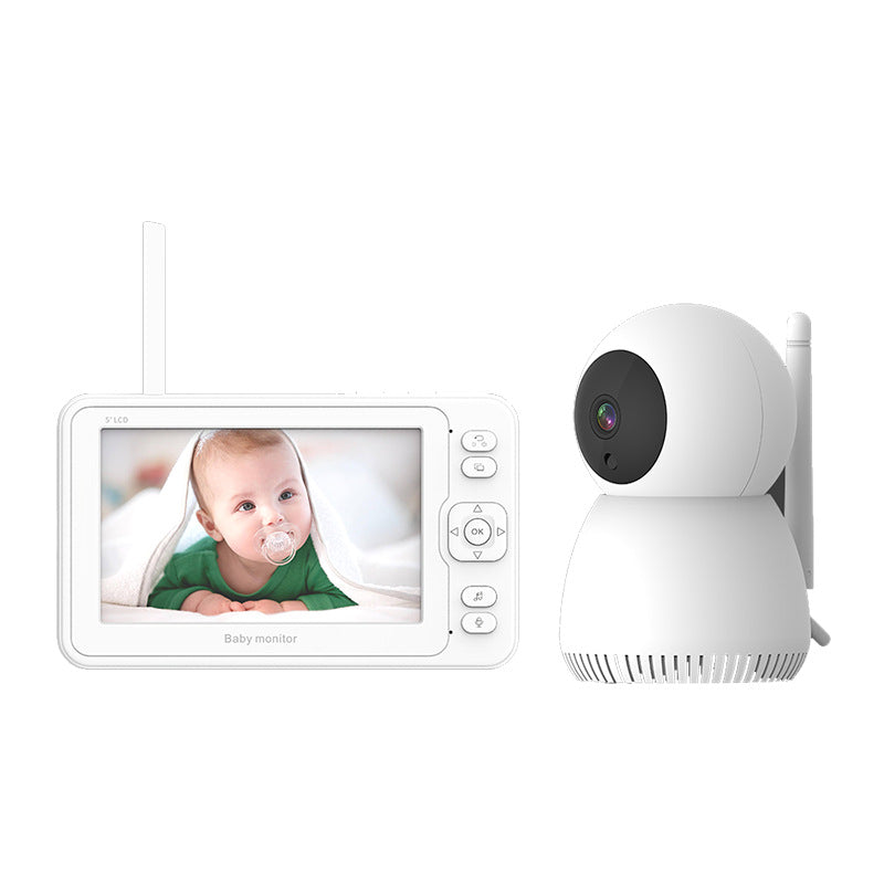 A baby monitor system with a white handheld screen displaying a baby with a pacifier, next to a matching white camera with a lens and antenna.