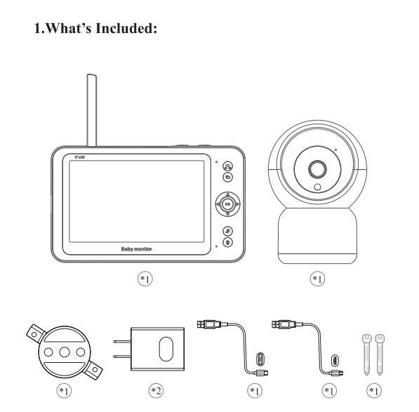 Baby monitor set with a screen, camera, mounting plate, power adapter, two cables, screws, and wall plugs, all labeled with quantities included: one or two each.