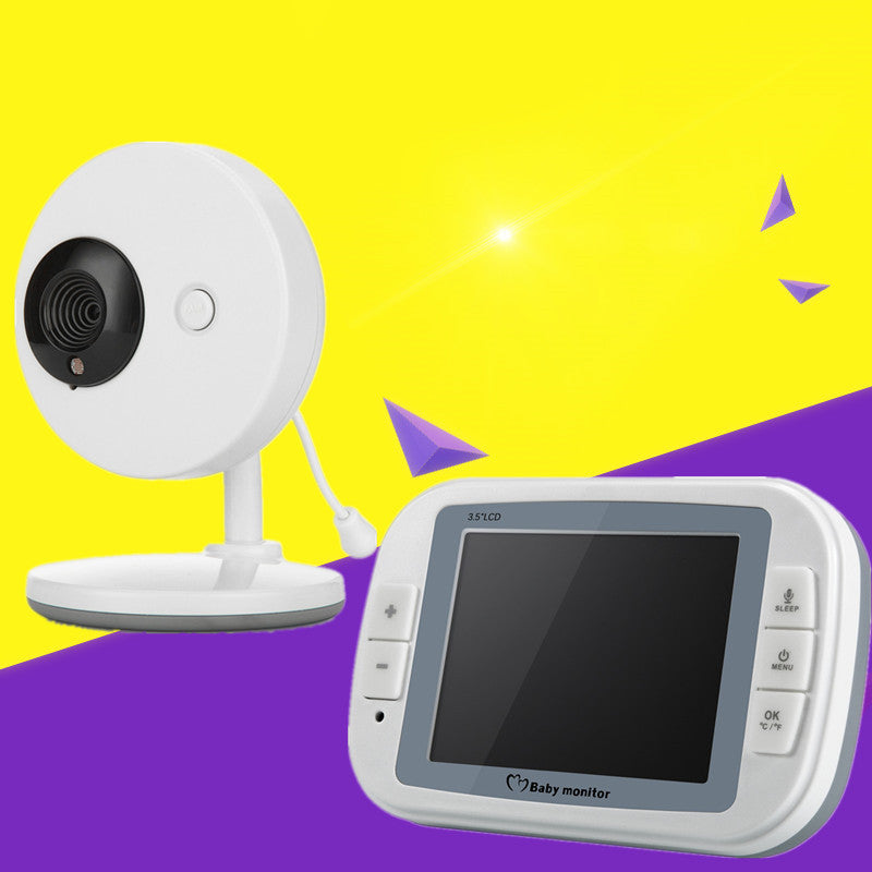 A white baby monitor with a camera and a 3.5” LCD screen on a yellow and purple background. The screen has buttons for sleep, menu, and volume control.
