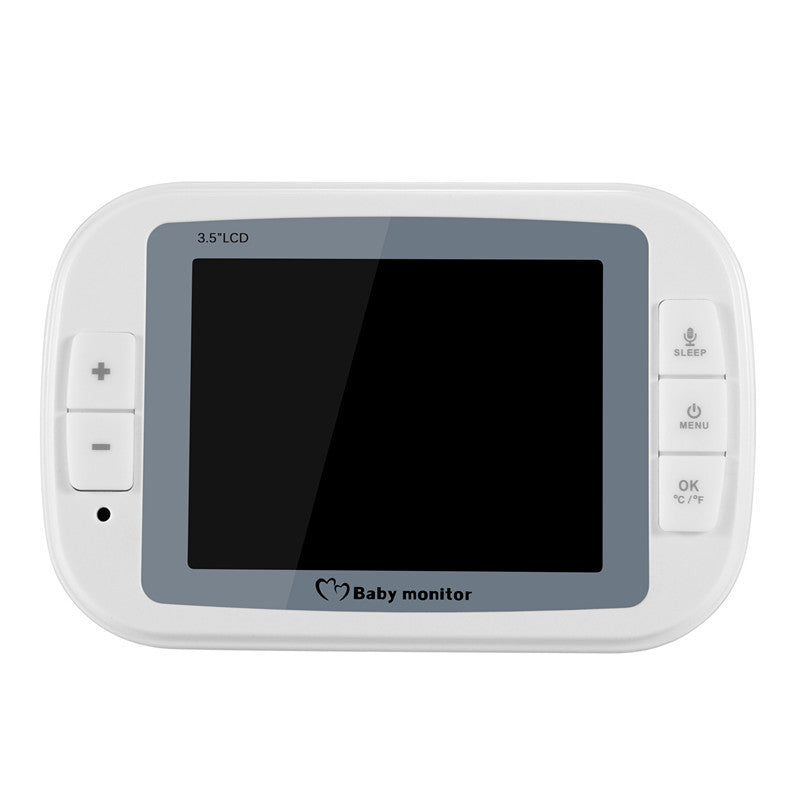 White baby monitor with a 3.5" LCD screen. Features control buttons on the sides, including volume, sleep, menu, and temperature options, with a simple design.
