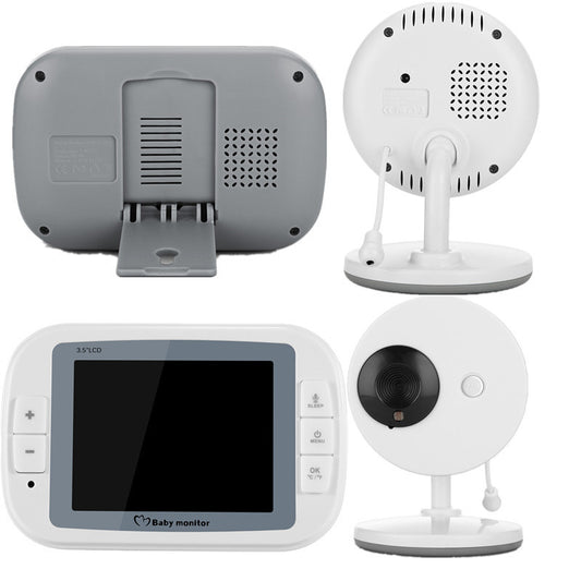 A baby monitor set with a screen and camera. The monitor has a 3.5-inch display with buttons, while the camera sits on a circular base, shown from front and back views.