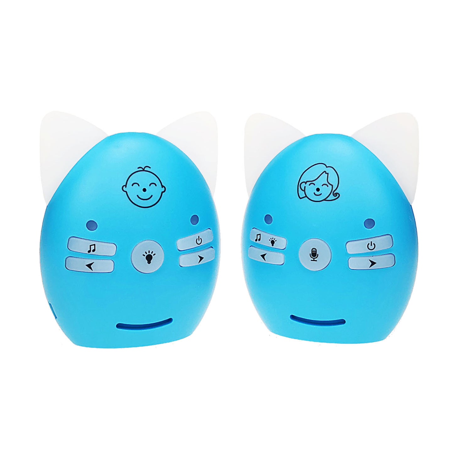 Two blue, cat-ear-shaped baby monitors. Each has a display with a smiling face, various buttons, and indicators for audio, light, and power functions, set against a white background.
