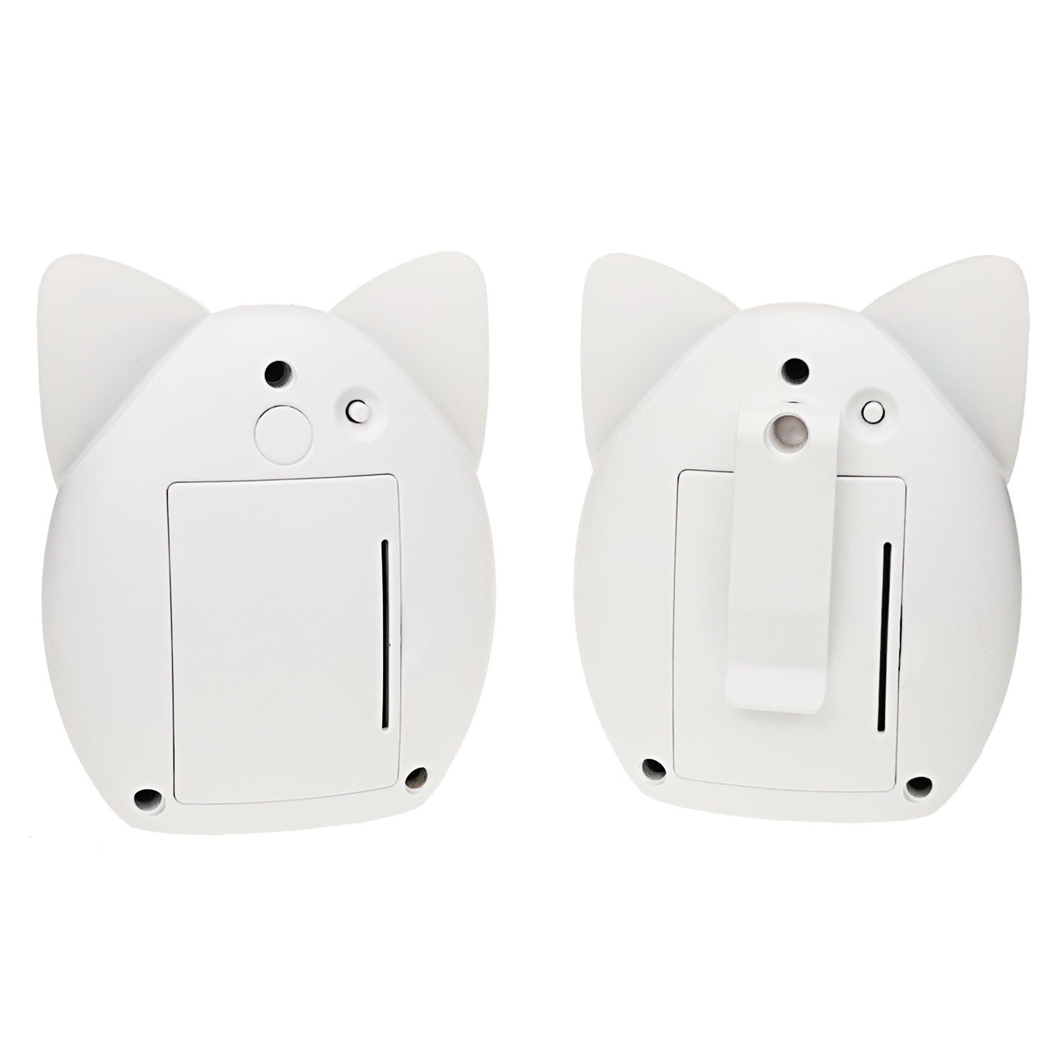 Two white cat-shaped devices with ears are shown from the back view. Both feature a rectangular panel and circular buttons, with the right one having a clip in the center.