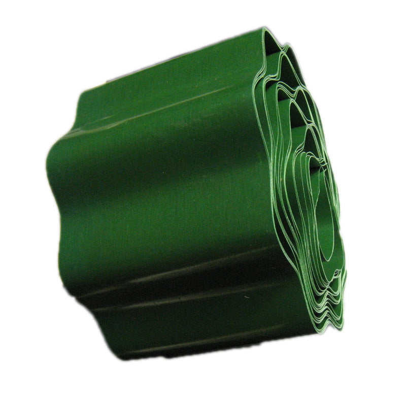 Roll of green plastic garden edging with a wavy pattern, coiled neatly. Ideal for creating defined boundaries in gardens and landscaping projects.