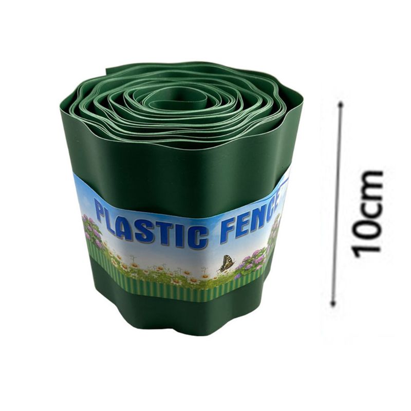 Rolled green plastic fence with floral packaging, labeled "Plastic Fence," standing next to a vertical measurement line indicating 10 cm height.